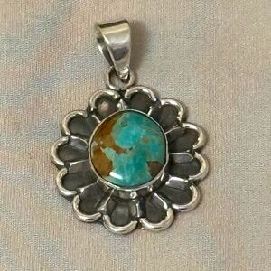 925 Sterling Silver Round Kingman Mojave Blue Turquoise & Copper Flower Pendant